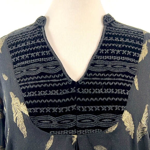 Johnny Was Workshop Womens Velvet Yoke & Metallic Leaf Print Bell Sleeve Top XS - Picture 2 of 10